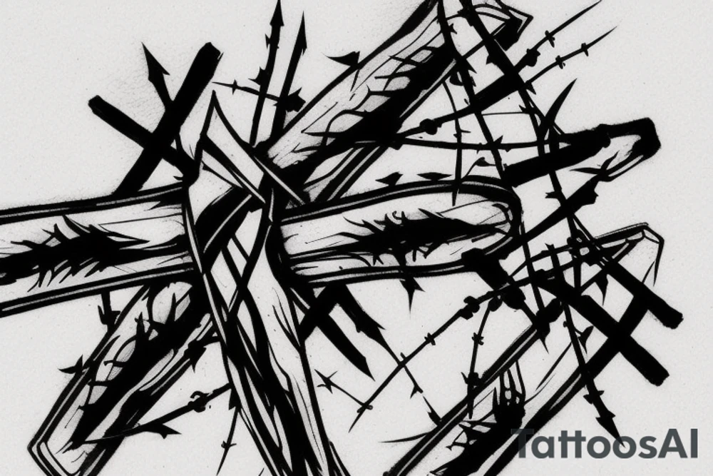 three swords crossing each other with barbed wire going threw the middle of all three of them tattoo idea