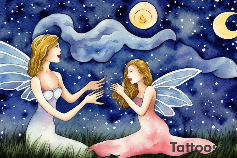 Mother and daughter fairies in mid-flight in a cloudy starry night, full moon in background tattoo idea
