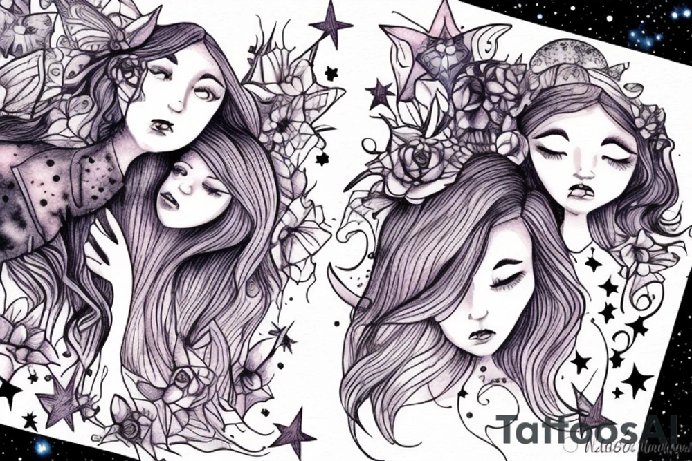 Mother and daughter fairies in mid-flight in a cloudy starry night, full moon in background tattoo idea