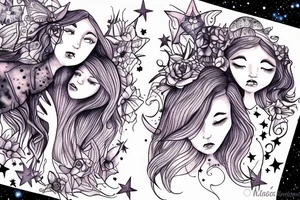 Mother and daughter fairies in mid-flight in a cloudy starry night, full moon in background tattoo idea