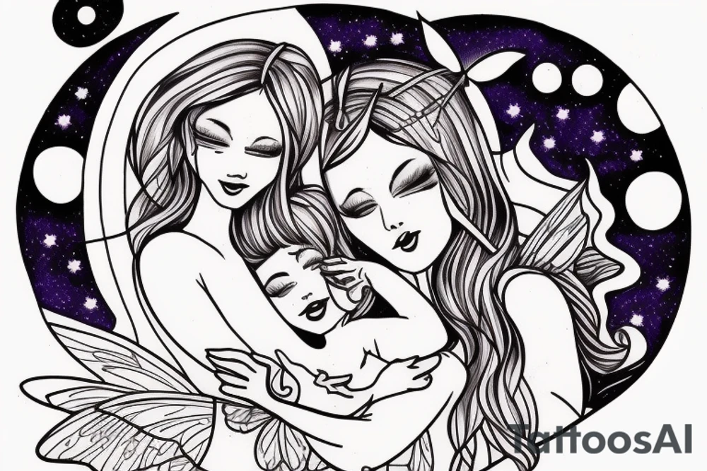 Mother fairy holding daughter fairy, flying in the night sky, full moon in background tattoo idea