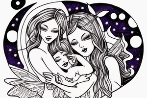 Mother fairy holding daughter fairy, flying in the night sky, full moon in background tattoo idea