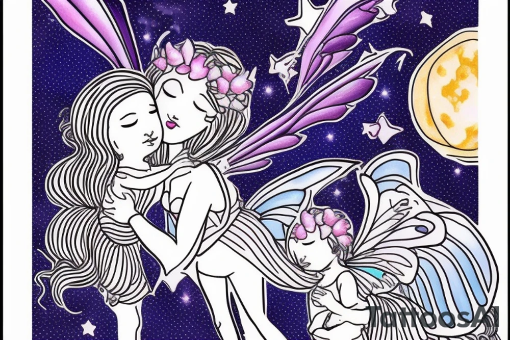 Mother fairy holding daughter fairy, flying in the night sky, full moon in background tattoo idea