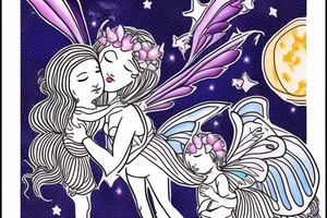 Mother fairy holding daughter fairy, flying in the night sky, full moon in background tattoo idea
