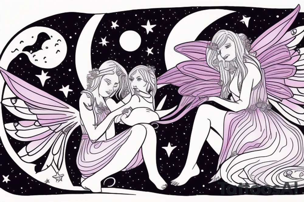 Mother fairy holding daughter fairy flying in the night sky, full moon in background tattoo idea