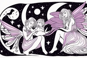 Mother fairy holding daughter fairy flying in the night sky, full moon in background tattoo idea