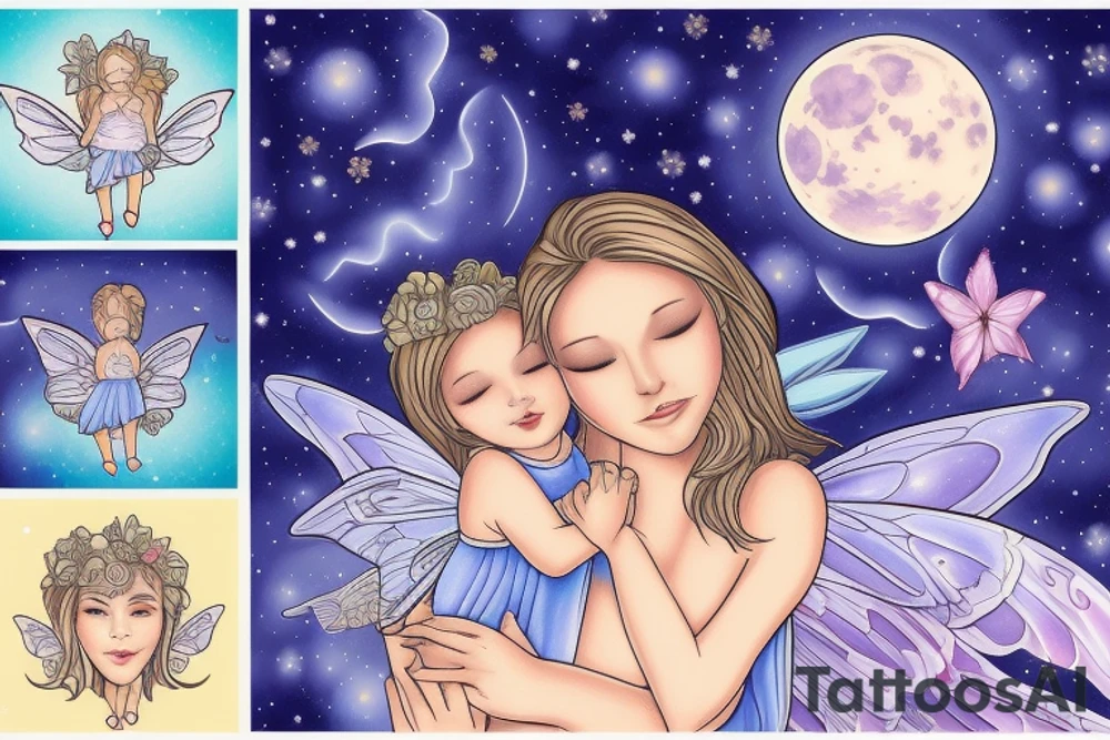 Mother fairy holding daughter fairy flying in the night sky, full moon in background tattoo idea