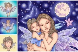 Mother fairy holding daughter fairy flying in the night sky, full moon in background tattoo idea