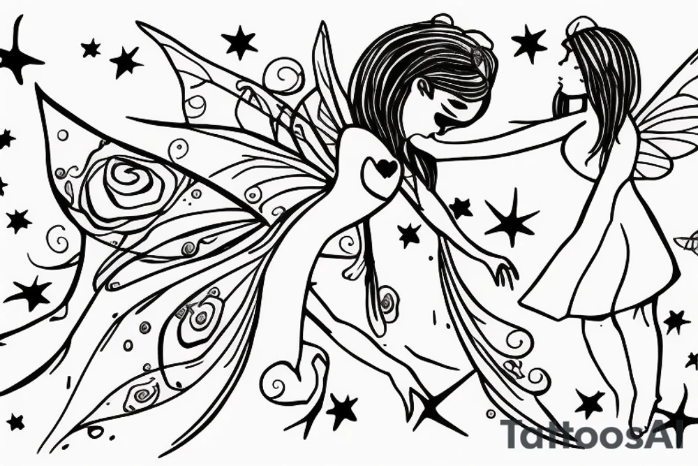 Mother fairy holding hands with daughter fairy flying in the night sky tattoo idea