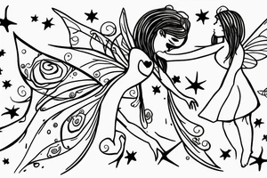 Mother fairy holding hands with daughter fairy flying in the night sky tattoo idea