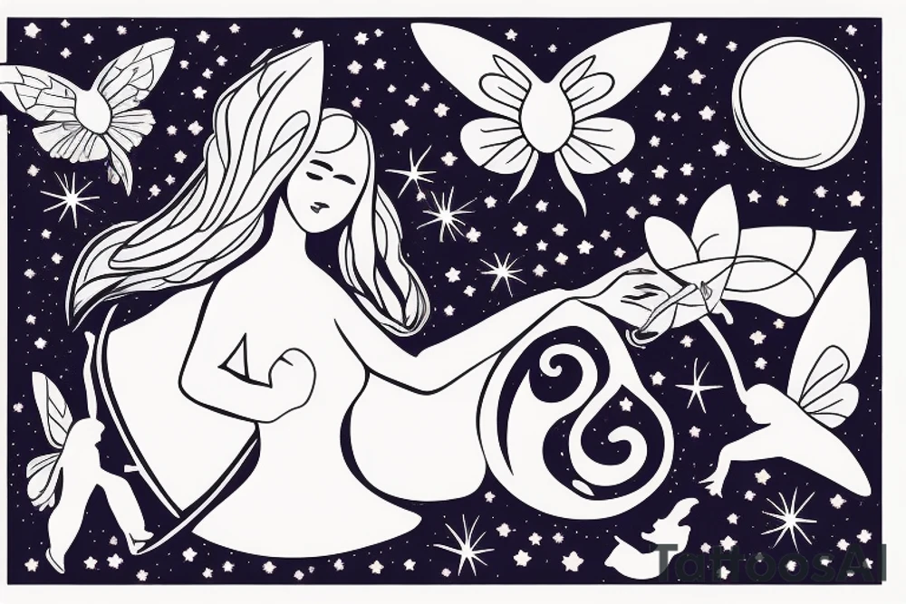 Mother fairy holding hands with daughter fairy flying in the night sky tattoo idea