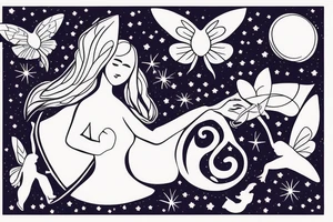 Mother fairy holding hands with daughter fairy flying in the night sky tattoo idea