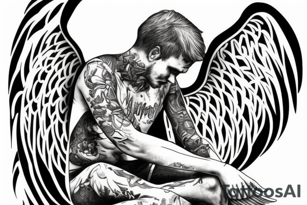 A sad man angel sitting with his wings outstretched tattoo idea A sad man angel sitting with his wings outstretched tattoo idea