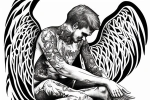 A sad man angel sitting with his wings outstretched tattoo idea