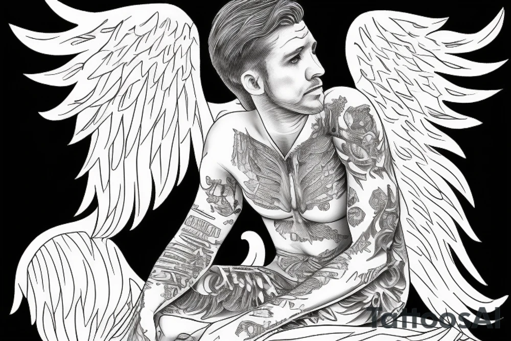 A sad man angel sitting with his wings outstretched tattoo idea