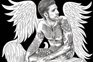 A sad man angel sitting with his wings outstretched tattoo idea