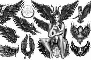 A seated archangel with the wings spread out tattoo idea