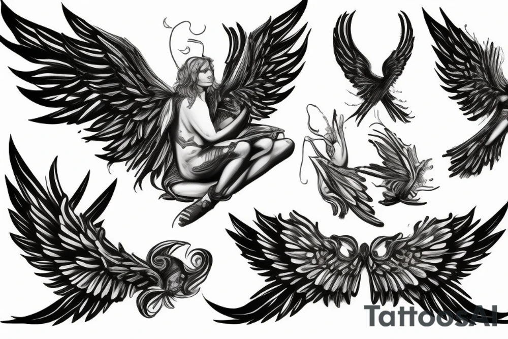A seated archangel with the wings spread out tattoo idea