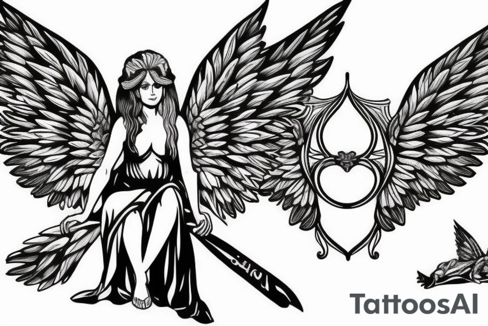 A seated archangel with the wings spread out tattoo idea