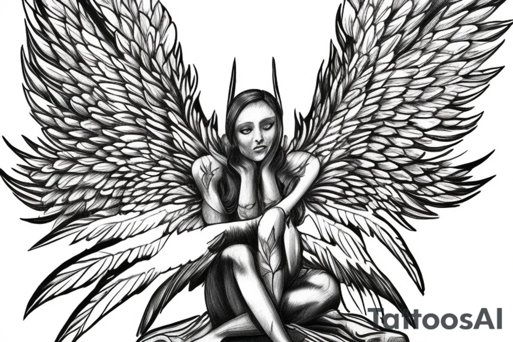 A seated archangel with the wings spread out tattoo idea