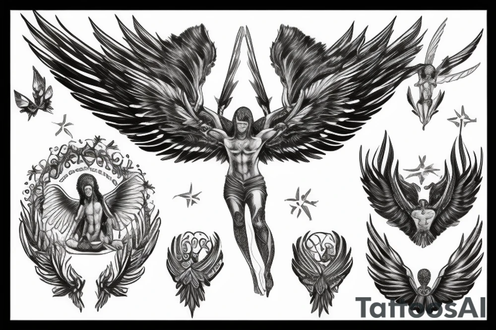 A seated archangel with the wings spread out tattoo idea
