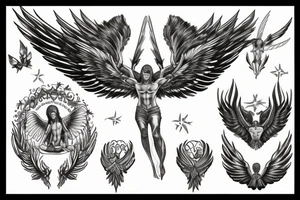 A seated archangel with the wings spread out tattoo idea