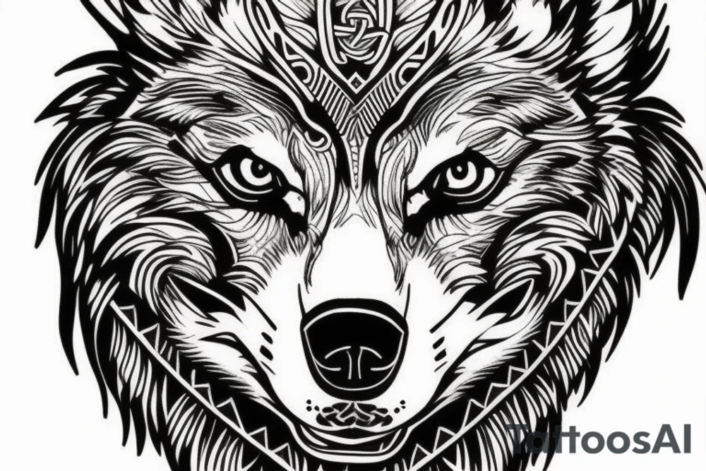 Wolf's head with nordic elements tattoo idea