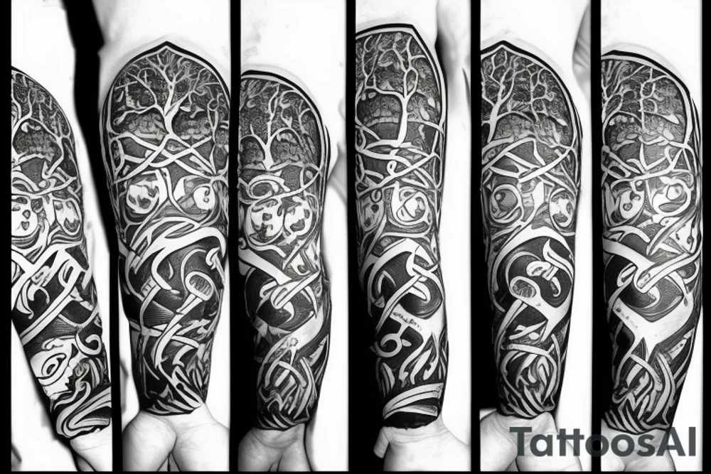 Wolf's head with nordic symbols and a tree of life tattoo idea