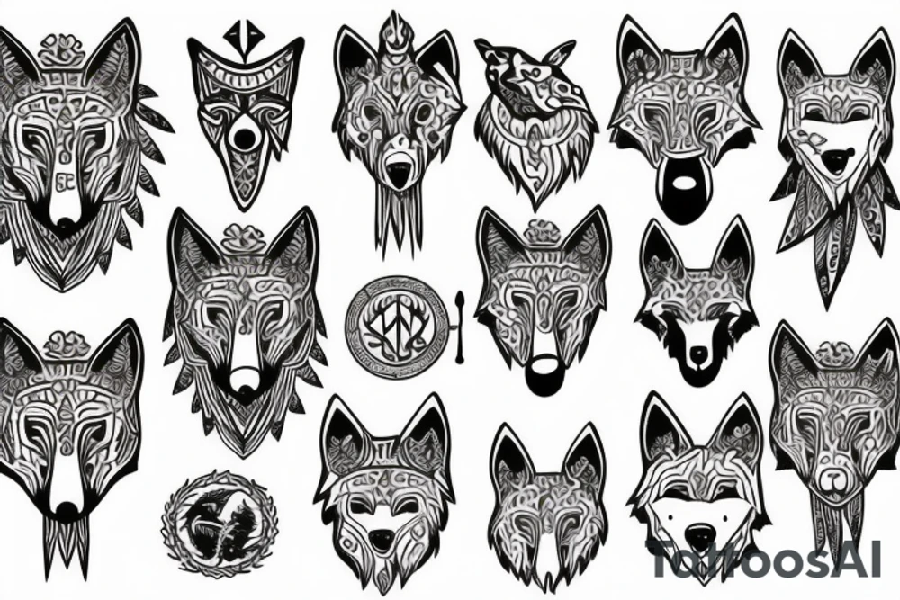Wolf's head with nordic symbols  and a tree of life tattoo idea