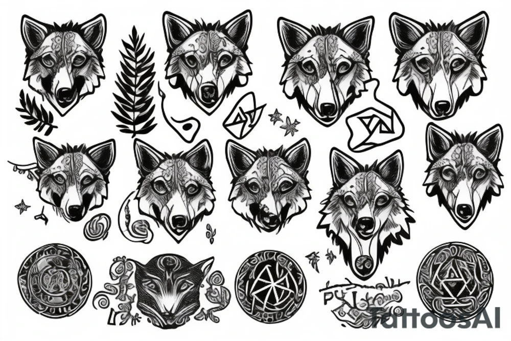 Wolf's head with nordic symbols and a tree of life tattoo idea
