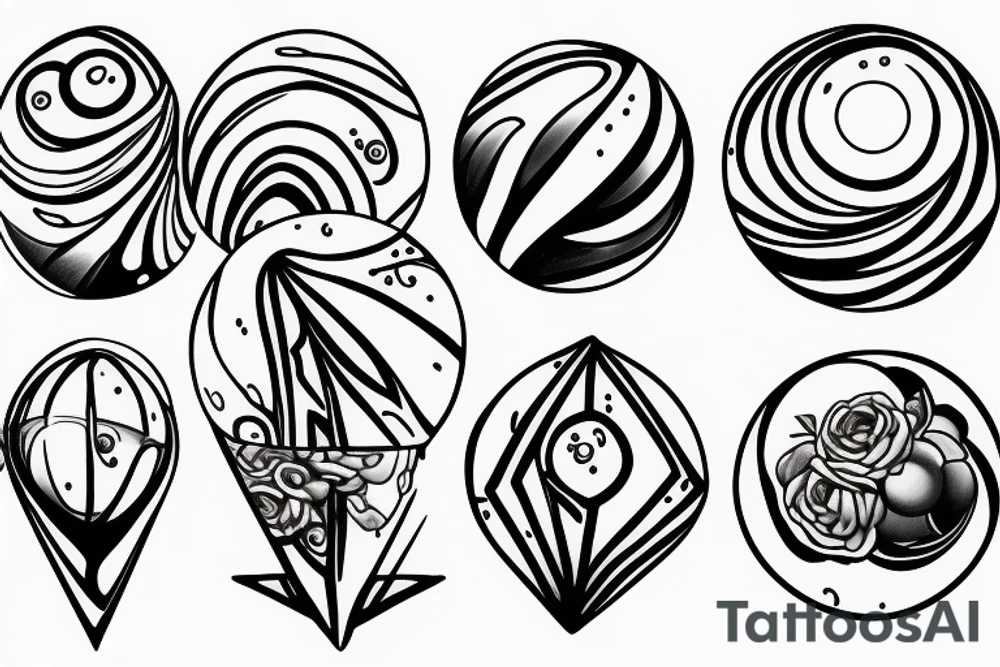 an otherworldly and ominous iridiscent and opalesque formation of spheres orbiting each other tattoo idea