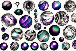 an otherworldly and ominous iridiscent and opalesque formation of spheres orbiting each other tattoo idea