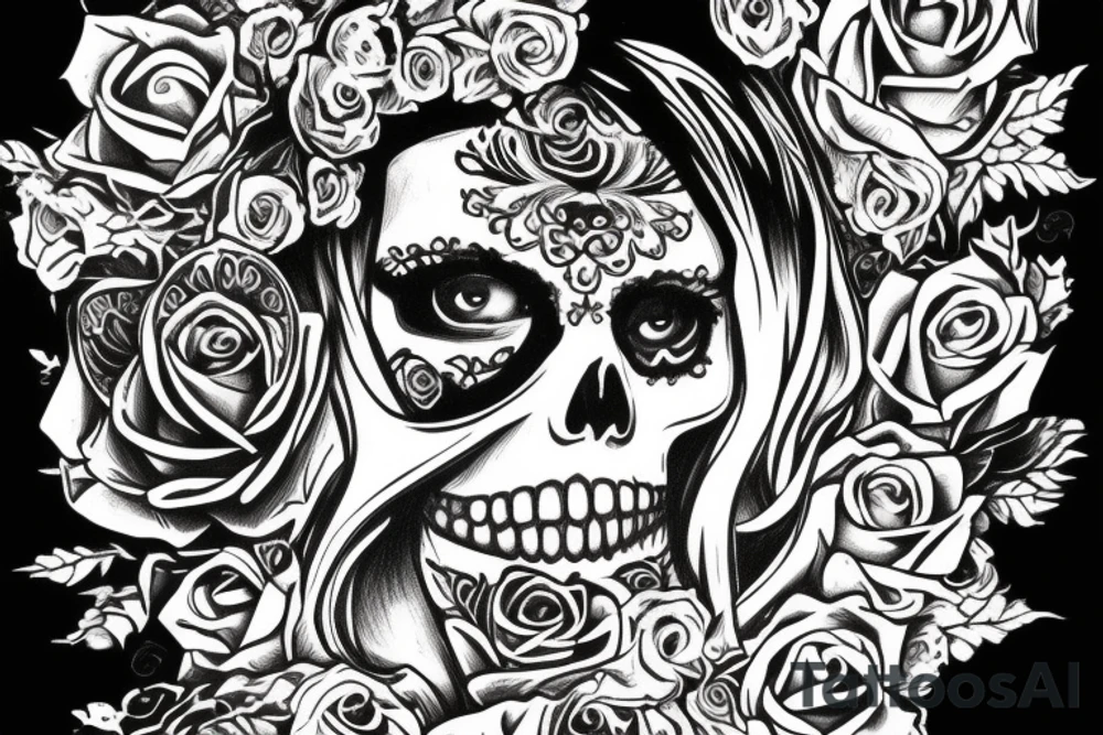 santa muerte girl, near the death and owls and roses tattoo idea