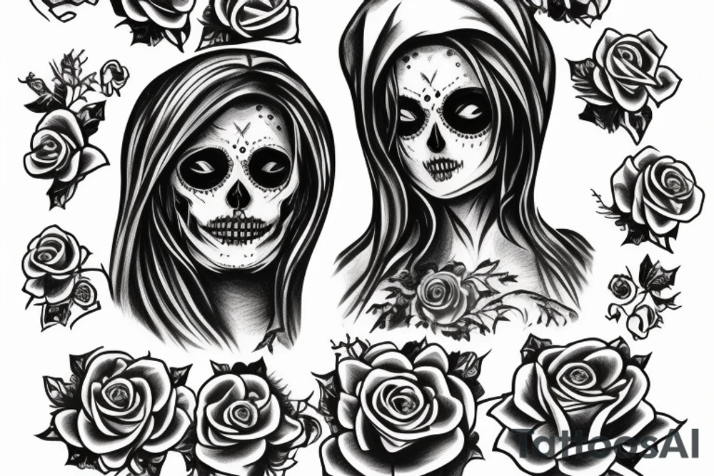 santa muerte girl, near the death and owls and roses for shoulder and hand tattoo idea