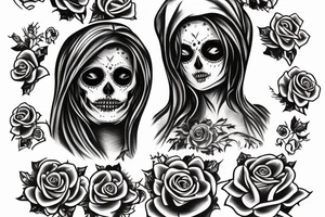 santa muerte girl, near the death and owls and roses for shoulder and hand tattoo idea
