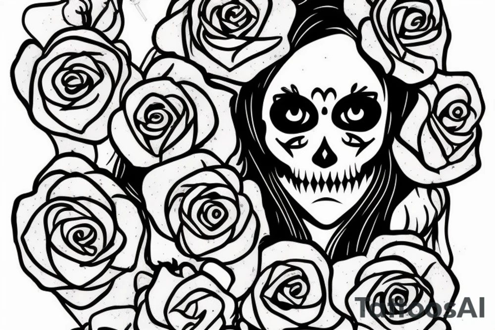 santa muerte girl, near the death and owls and roses for shoulder and hand tattoo idea