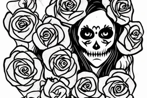 santa muerte girl, near the death and owls and roses for shoulder and hand tattoo idea