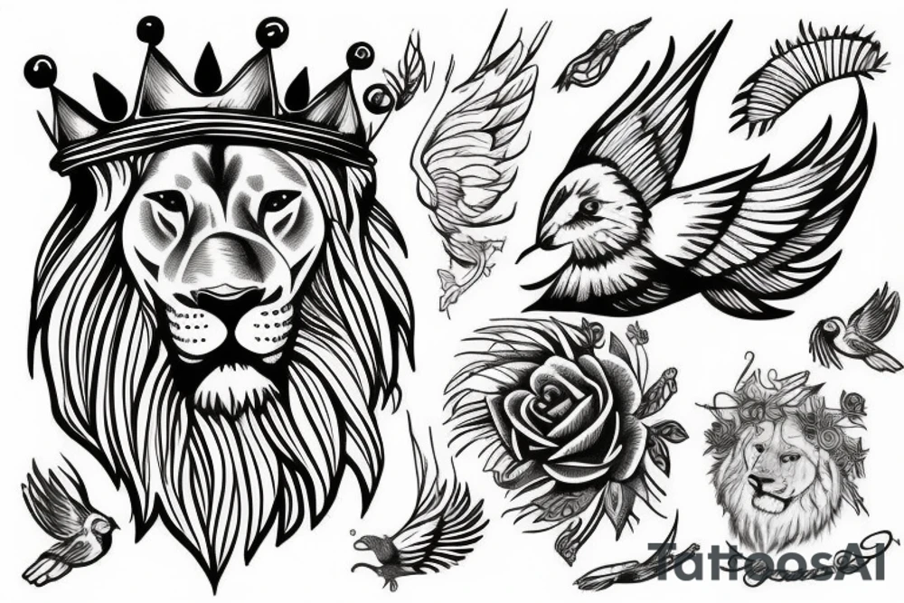 Lion with a crown and a flying bird tattoo idea