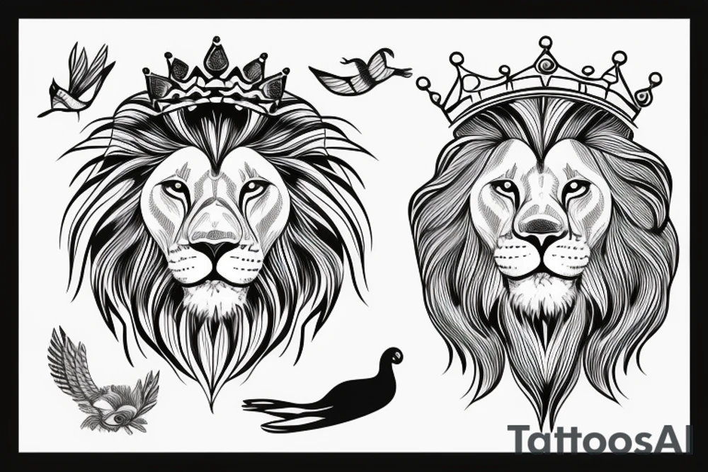 Lion with a crown and a flying bird tattoo idea