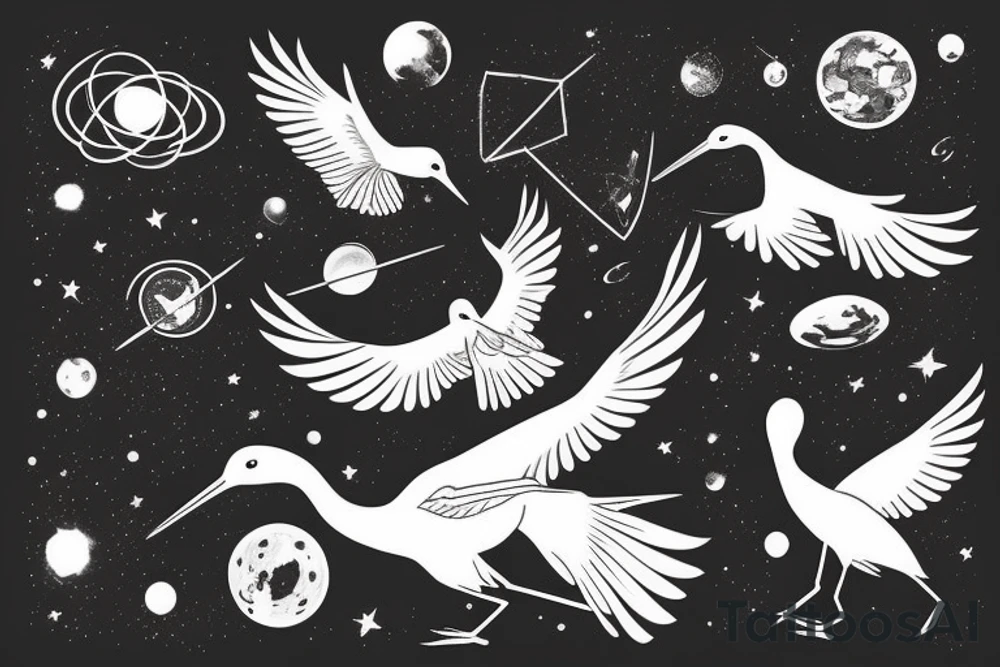 A crane flying thru the cosmos of space time tattoo idea