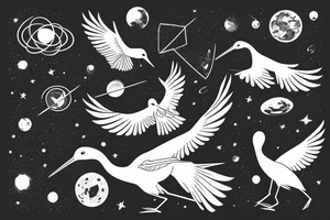 A crane flying thru the cosmos of space time tattoo idea