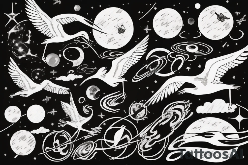 A crane flying thru the cosmos of space time tattoo idea