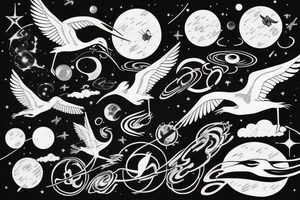 A crane flying thru the cosmos of space time tattoo idea