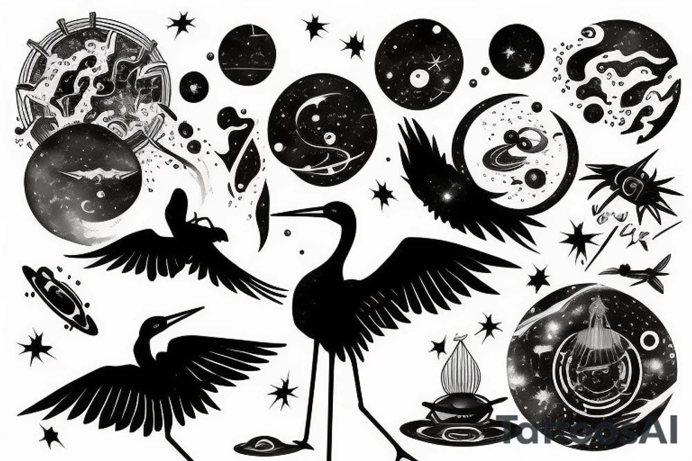A crane flying thru the cosmos of space time tattoo idea