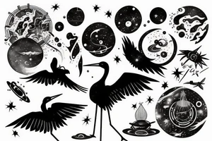 A crane flying thru the cosmos of space time tattoo idea