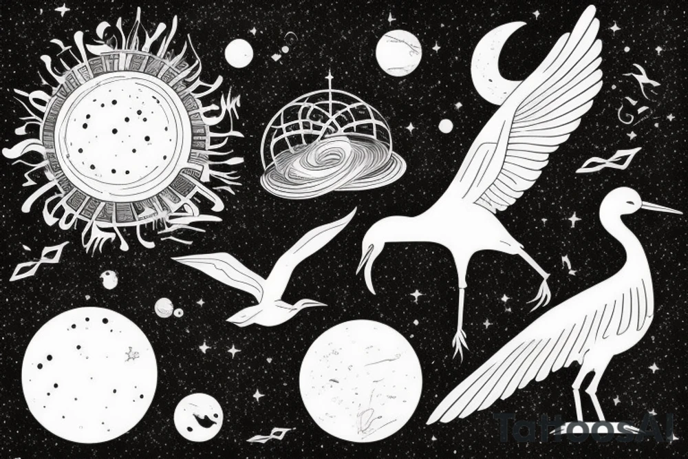 A crane flying thru the cosmos of space time tattoo idea