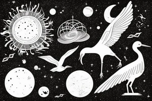 A crane flying thru the cosmos of space time tattoo idea