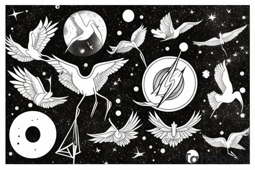 A crane flying thru the cosmos of space time tattoo idea