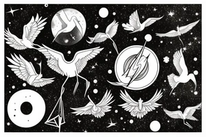 A crane flying thru the cosmos of space time tattoo idea
