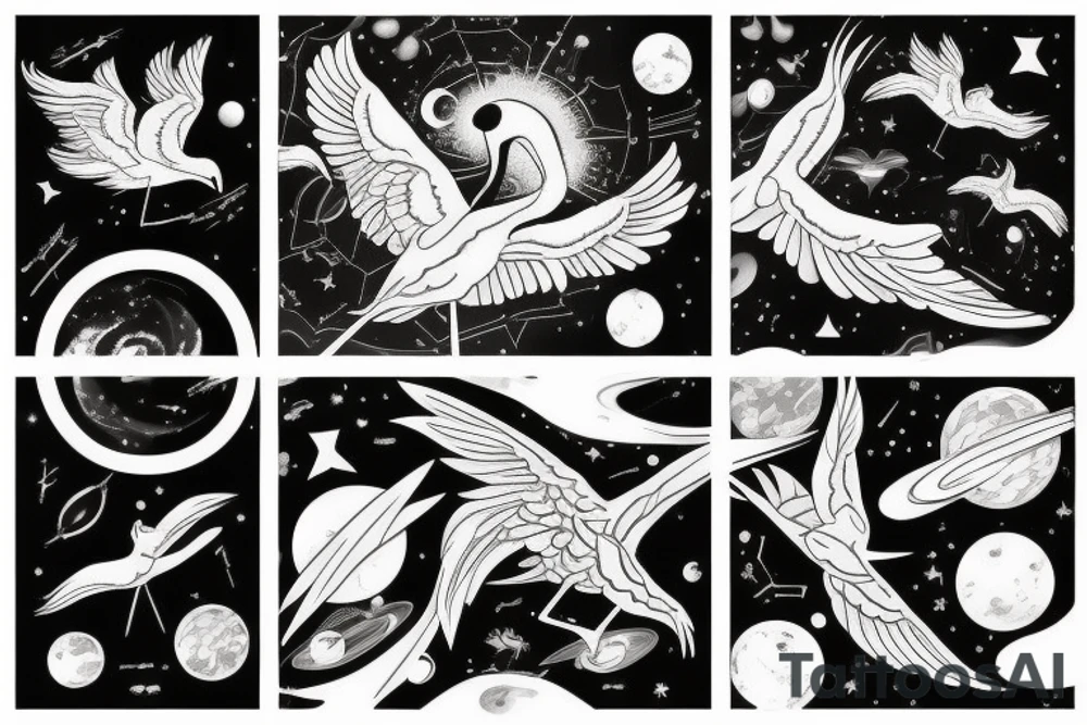 A crane flying thru the cosmos of space time tattoo idea